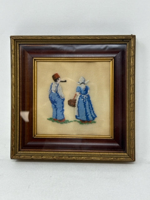 Square Vintage Framed Dutch Boy & Girl Needlepoint Wall Art