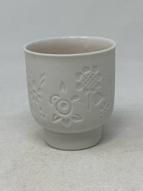 White Ceramic with Etched Floral Accents Votive Holder