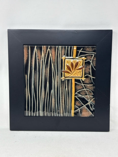 Square Brown Framed Abstract Glass Tile Wall Art