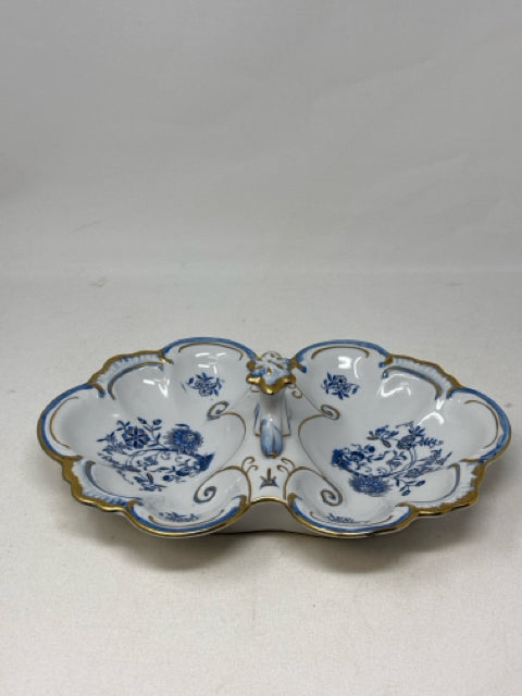 Vintage White with Blue Floral & Gold Trimmed Double Serving Bowl