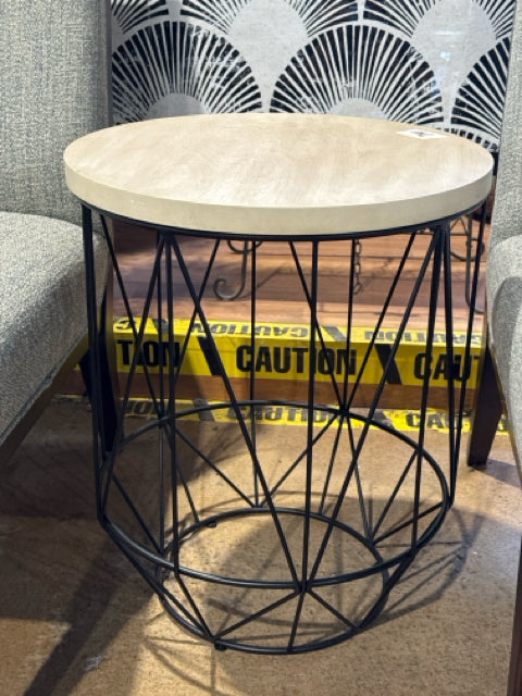 Bouclair Round Black Metal Base Natural Wood Top Accent Table  [MHF]