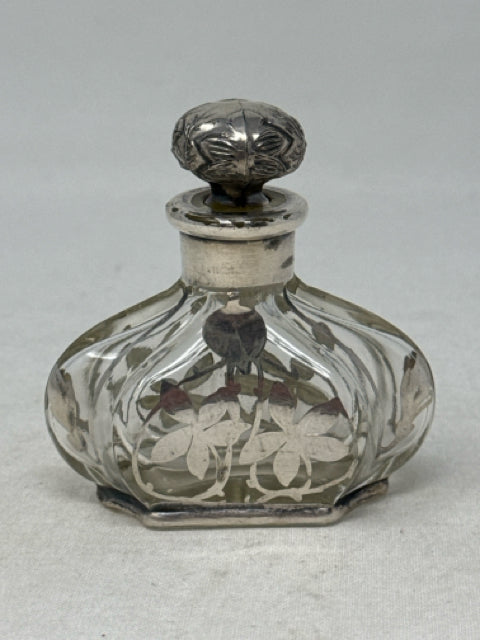 3" Antique Sterling Silver Overlay Glass Perfume Bottle