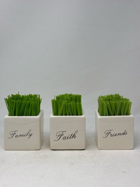 Set of 3 -  4.5" Square Ceramic Pots with Artificial Grasses