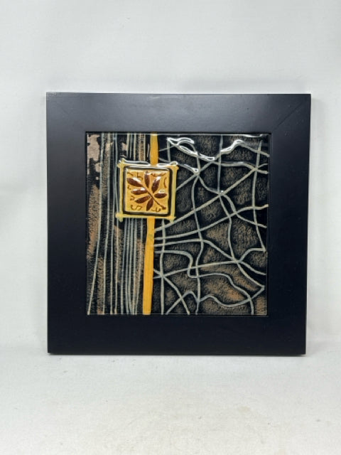 Square Brown Framed Abstract Glass Tile Wall Art