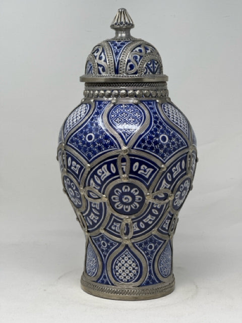 Fez Morrocan Blue & White with Nickel Filigree Urn