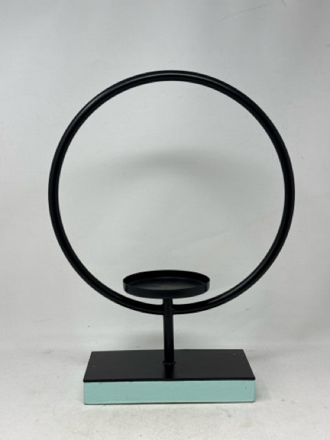 Black Metal Circle Candle Holder on Wooden Stand