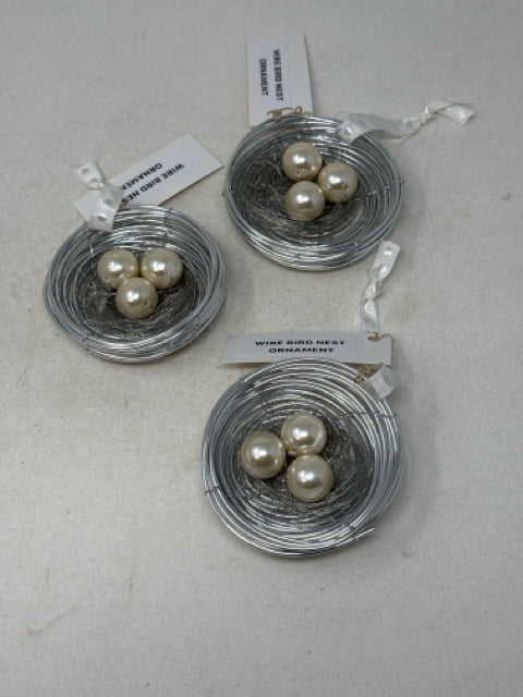 3 - Silver Wire Bird Nest Ornaments