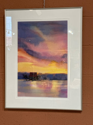Watercolour Painting by Lou Charton Sunset Cabin