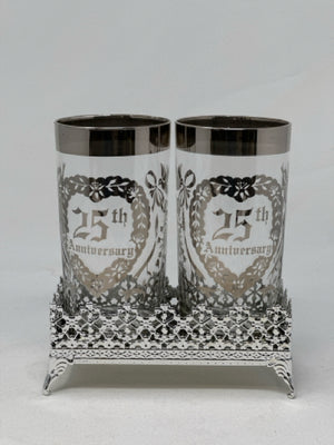 Pair of 25th Silver Anniversary Tall Glasses with Silver Stand