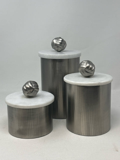 Torre & Tagus Tomar Set of 3 Pewter Aluminum Canisters with Marble Lids [MHF]