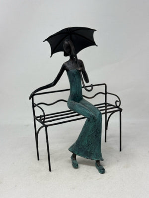 Black Metal Verdigris Woman on Bench Sculpture