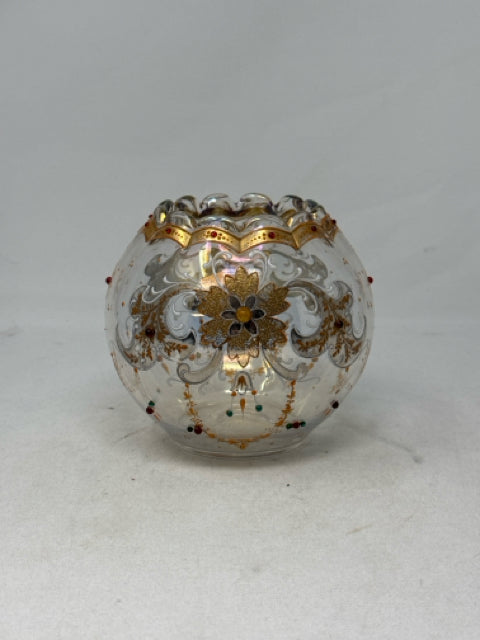Vintage Round Crystal Gold Raised Hand Painted Vase