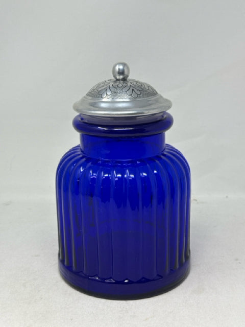 Pier 1 Cobalt Blue Ribbed Glass with Etched Tin Lid Canister