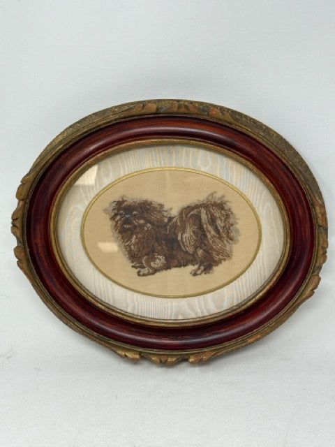 Vintage Oval Framed Pekingese Needlepoint Wall Art
