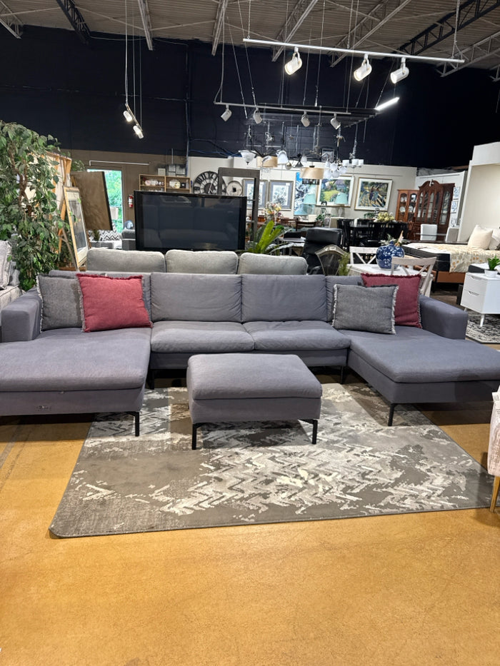3 Piece Fabric Sectional & Ottoman (Damaged Chaise)