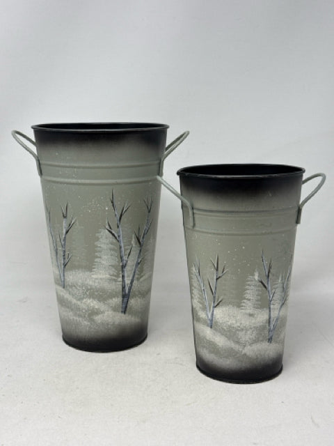 Pair of 8" & 10" Tole Painted Winter Scene Metal Buckets