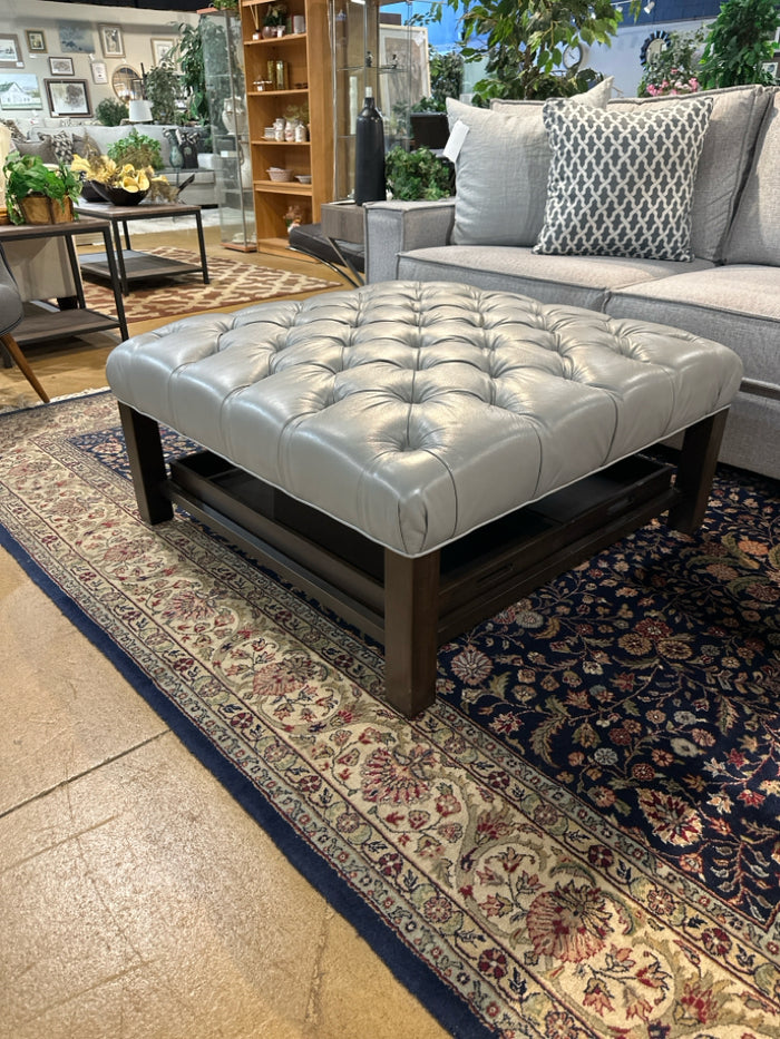 Leather & Wood Ottoman With 2 Trays