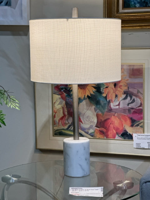 Marble & Brushed Silver Base White Fabric Shade Table Lamp