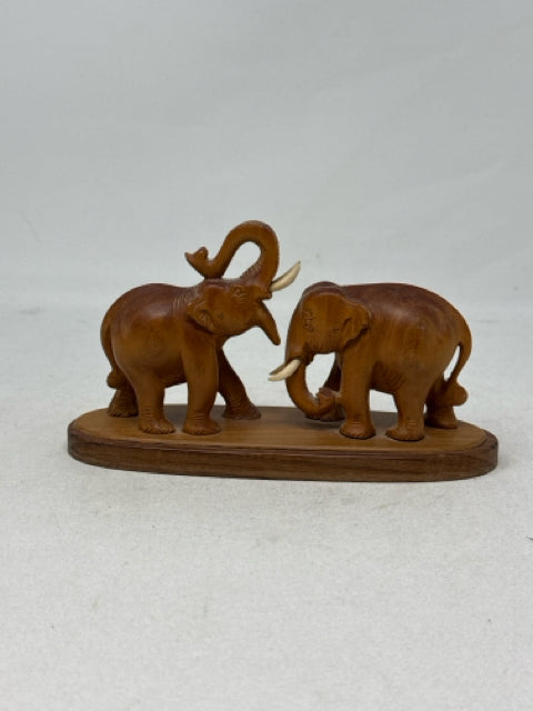 Vintage Carved Wooden Elephants on Stand