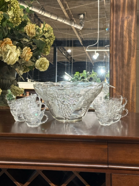 Vintage Glass Punch Bowl with 10 Matching Cups
