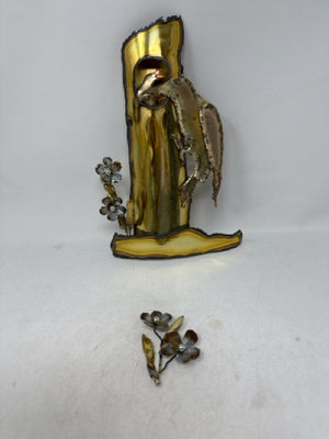 Copper/Brass Metal Bird with Babies in Tree Wall Sculpture
