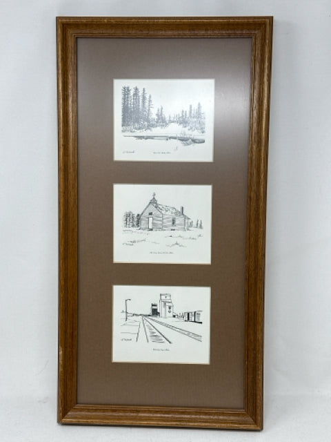 Framed Pen & Ink Alberta Drawings by V. MItchell