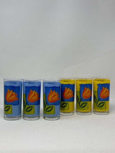 Set of 6 - 5.5" Vintage Yellow & Blue Tulip Glasses