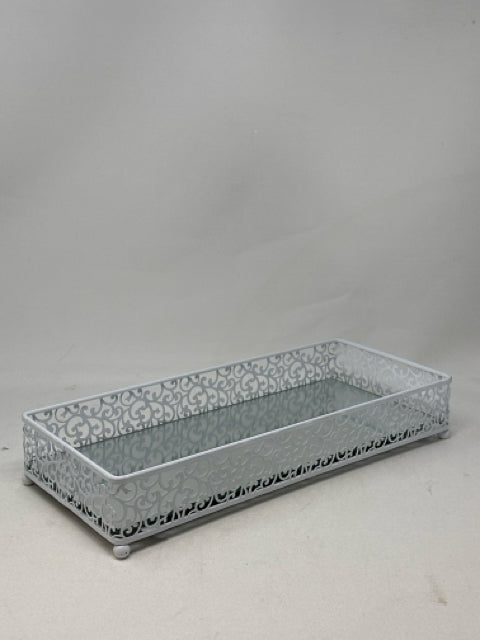 Rectangular White Pierced Metal Mirror Tray