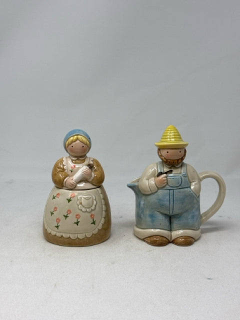 Vintage Otagiri Country Farm Man & Woman Cream & Sugar Bowl Set