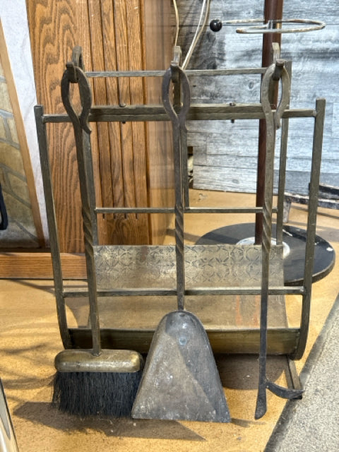 Vintage Rustic Brass Firewood Caddy with Tool Set