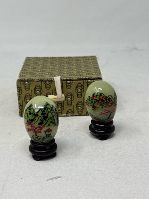 Vintage 2" Miniature Hand Painted Oval Jade Statues with Wooden Stands