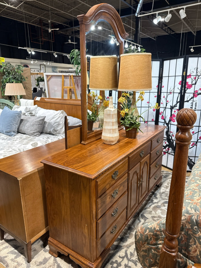 Solid Oak 9 Drawer 2 Door Dresser & Mirror