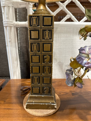 Gold/Black Chess Detail Tower Base Beige Shade Table Lamp