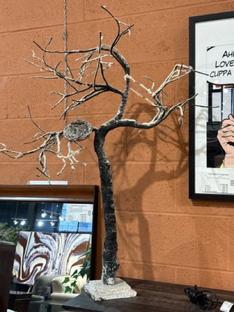 Tall Frosted Tree with Nest Sculpture