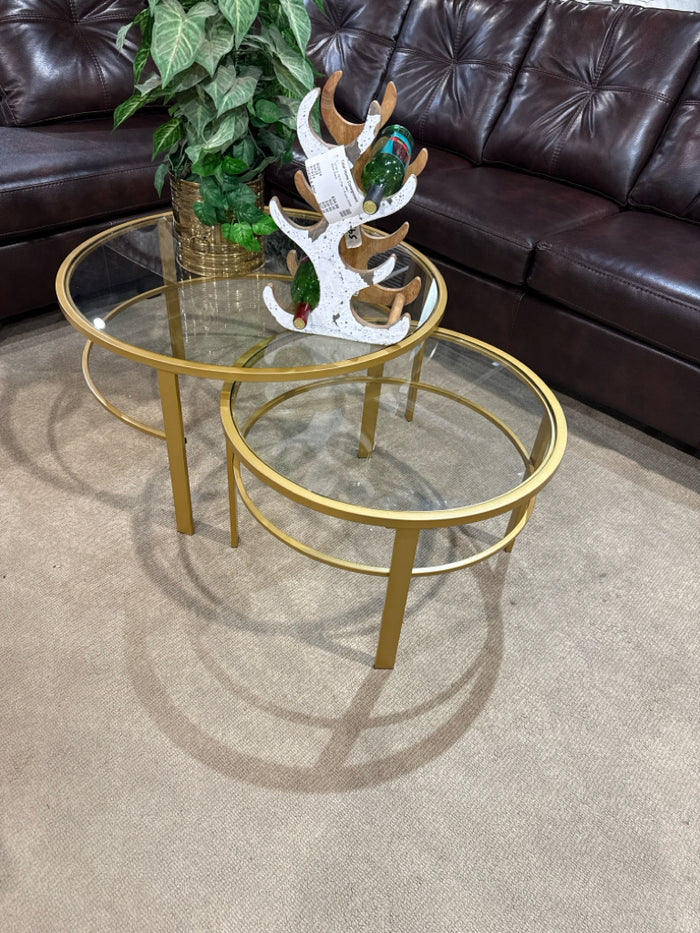 2 Piece Gold Metal & Glass Nesting Coffee Table