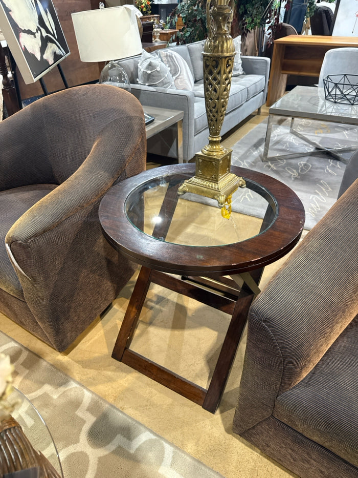 Round Wood & Glass End Table