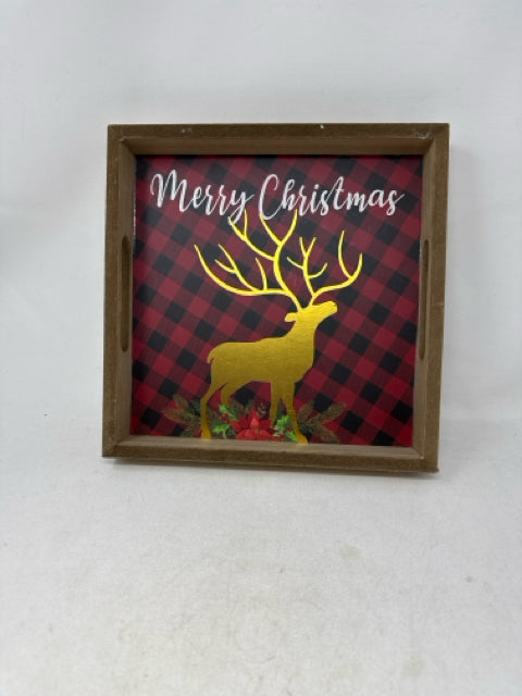 Red & Black Plaid Wooden Reindeer Tray