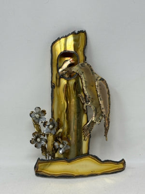 Copper/Brass Metal Bird with Babies in Tree Wall Sculpture
