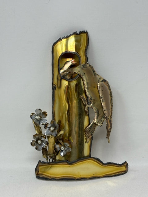 Copper/Brass Metal Bird with Babies in Tree Wall Sculpture