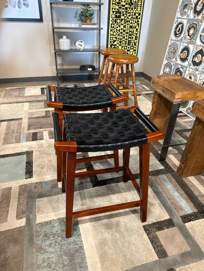 Pair of Leather & Wood Stools