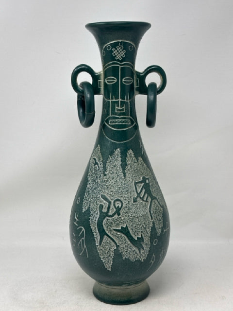 Emerald Green Carved Tribal Vase