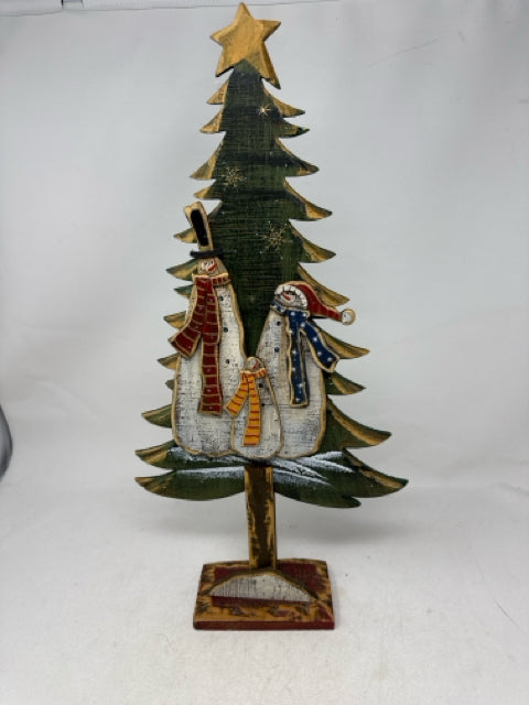 Wooden Folk Art Lit Xmas Tree Snowman Family Table Decor