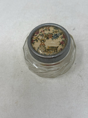 Vintage Regent Products Powder Jar Made in England Embroidered Lid