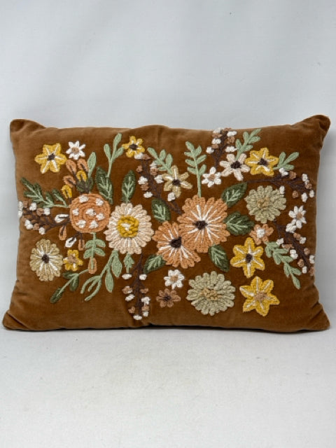 Rectangular Brown Velvet Floral Embellished Pillow