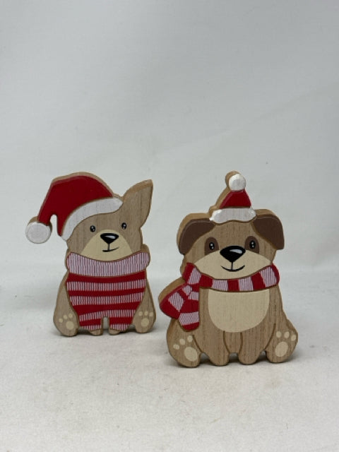 Pair of 7" Wooden Xmas Puppies