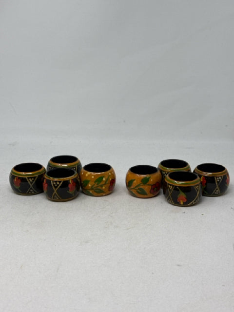 Set of 8 Hand Painted Folk Art Napkin Rings