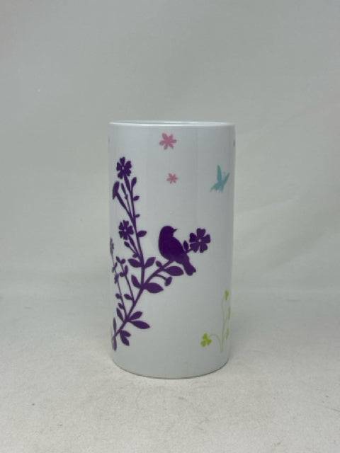 Ceramic Cylinder White with Pastel Bird/Floral Detail Vase