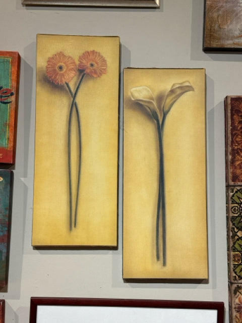 Pair of 10.5"W x 26.5"H Gold Floral Canvas Wall Art