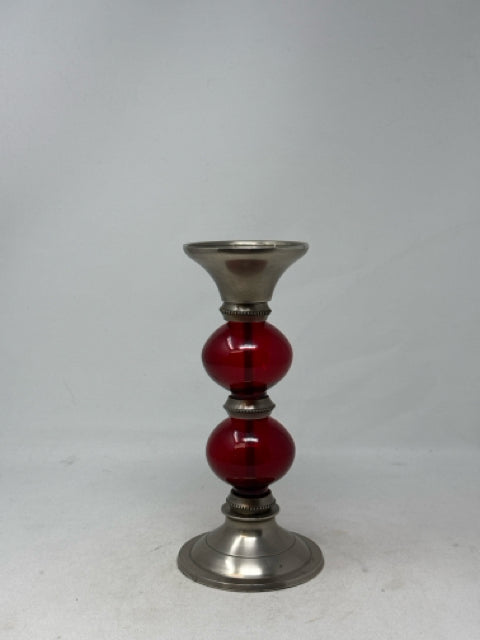 Brushed Silver with Red Glass Balls Pillar Candle Holder