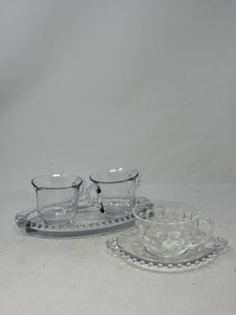 5 Piece Vintage Bubble Glass Single Tea Cup/Sugar Bowl/Creamer/Tray Set